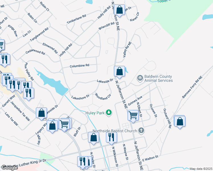 map of restaurants, bars, coffee shops, grocery stores, and more near 121 Woodland Circle in Milledgeville