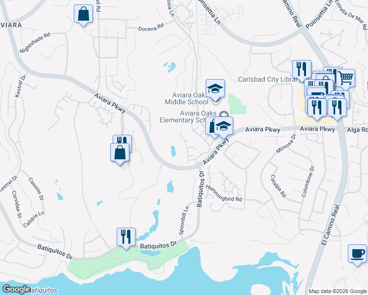 map of restaurants, bars, coffee shops, grocery stores, and more near 6845 Aldophia Drive in Carlsbad