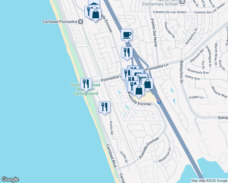 map of restaurants, bars, coffee shops, grocery stores, and more near 7058 Leeward Street in Carlsbad