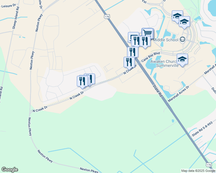 map of restaurants, bars, coffee shops, grocery stores, and more near 195 North Creek Dr in Summerville