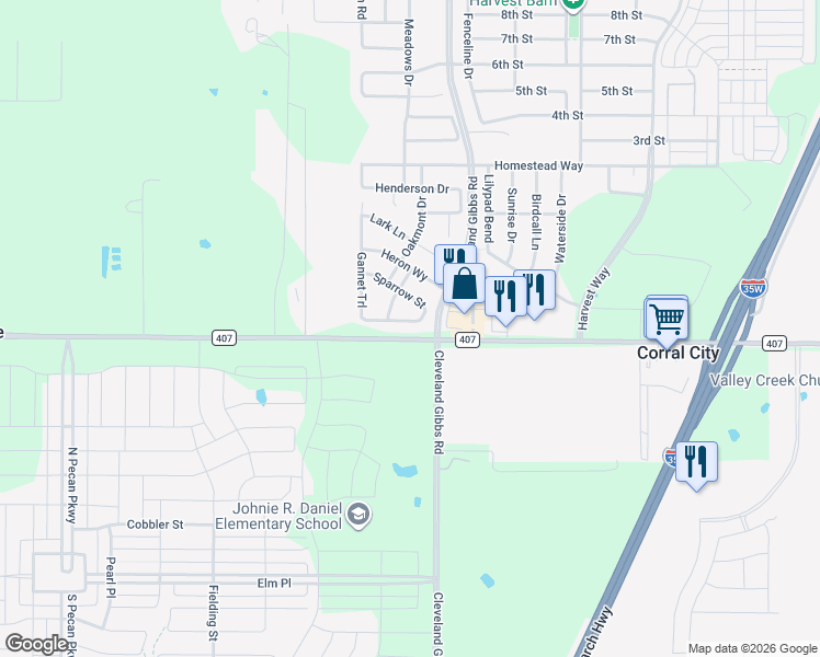 map of restaurants, bars, coffee shops, grocery stores, and more near 109 Gannet Trail in Northlake
