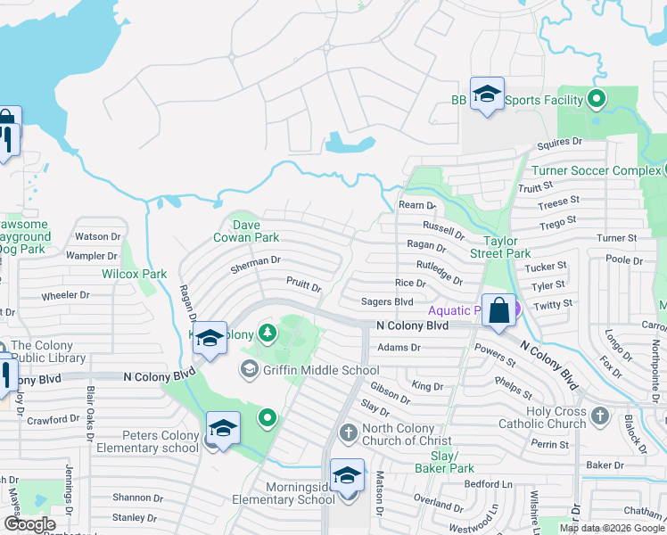 map of restaurants, bars, coffee shops, grocery stores, and more near 5256 Pruitt Drive in The Colony