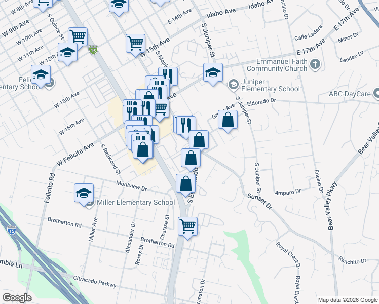 map of restaurants, bars, coffee shops, grocery stores, and more near in Escondido