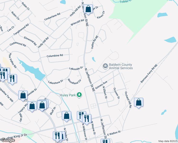 map of restaurants, bars, coffee shops, grocery stores, and more near 211 Linda Drive in Milledgeville