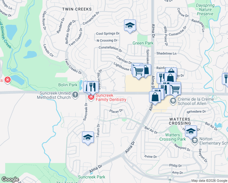 map of restaurants, bars, coffee shops, grocery stores, and more near 1105 Central Expressway in Allen
