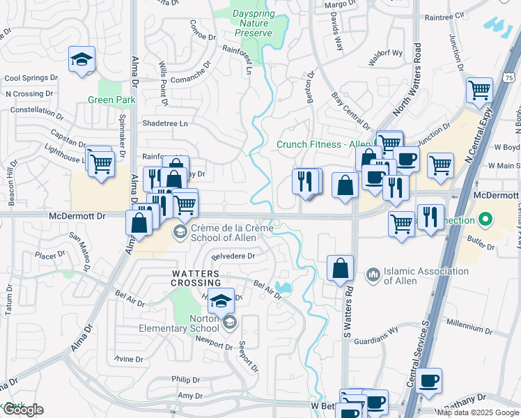 map of restaurants, bars, coffee shops, grocery stores, and more near 1101 West McDermott Drive in Allen