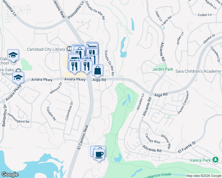 map of restaurants, bars, coffee shops, grocery stores, and more near 7044 Estrella De Mar Road in Carlsbad