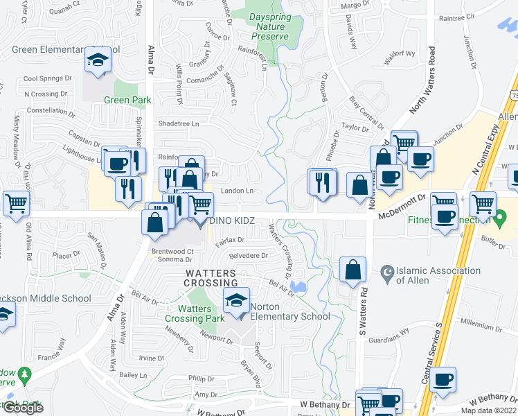 map of restaurants, bars, coffee shops, grocery stores, and more near 1121 Sophia Street in Allen