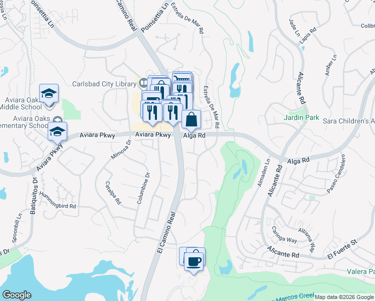 map of restaurants, bars, coffee shops, grocery stores, and more near 1931 Estrella De Mar Court in Carlsbad