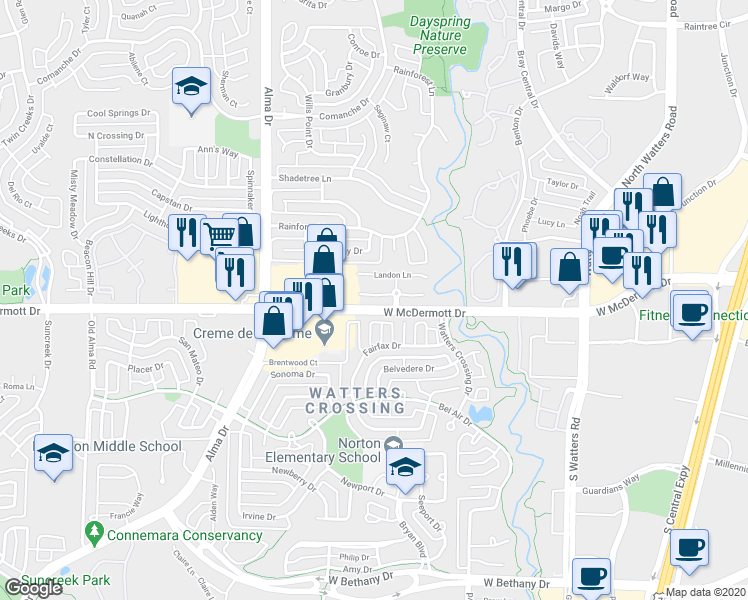 map of restaurants, bars, coffee shops, grocery stores, and more near 1169 Sophia Drive in Allen