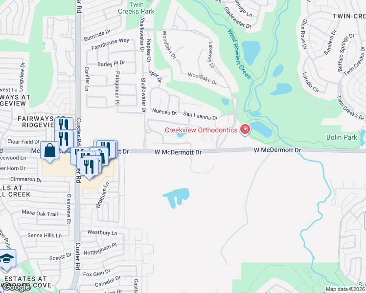 map of restaurants, bars, coffee shops, grocery stores, and more near 1 Wooded Lane in Allen