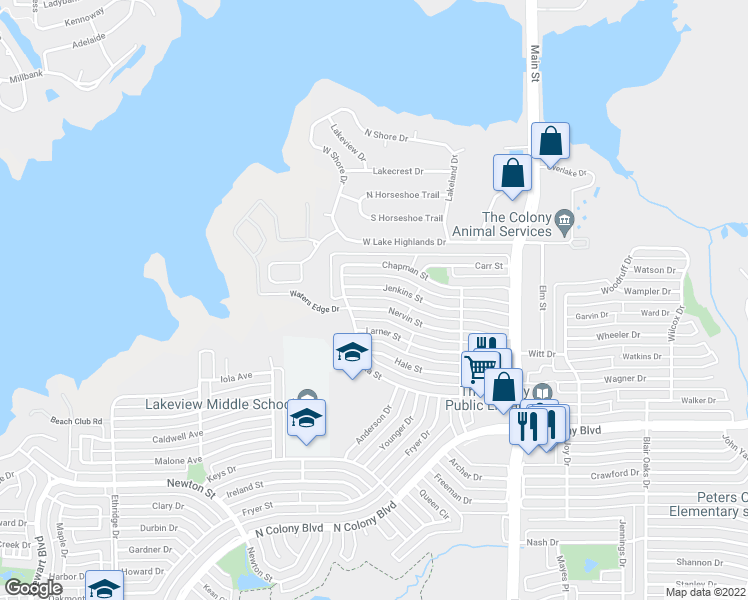 map of restaurants, bars, coffee shops, grocery stores, and more near 4416 Nervin Street in The Colony