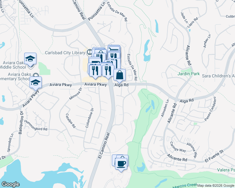 map of restaurants, bars, coffee shops, grocery stores, and more near 1931 Estrella De Mar Court in Carlsbad