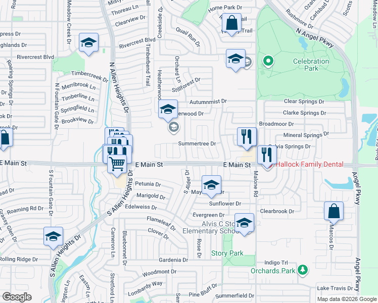 map of restaurants, bars, coffee shops, grocery stores, and more near 106 North Alder Drive in Allen