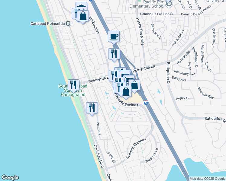 map of restaurants, bars, coffee shops, grocery stores, and more near 7108 San Bartolo Street in Carlsbad