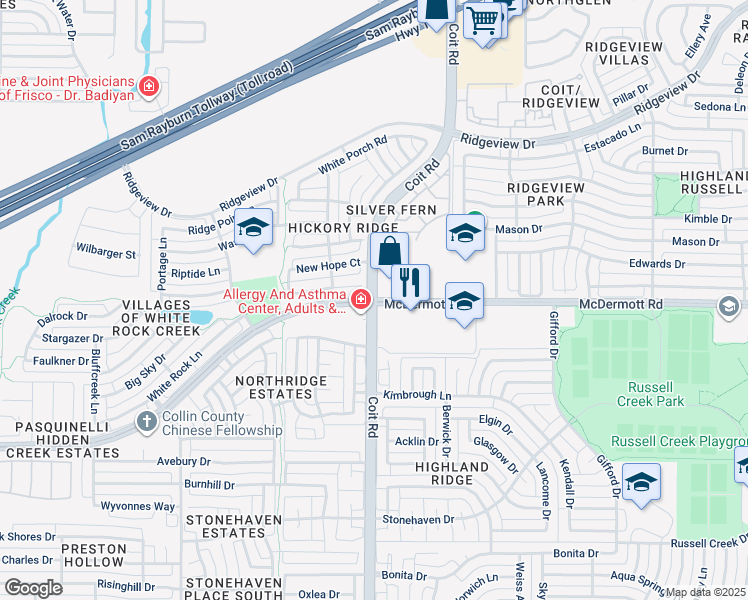 map of restaurants, bars, coffee shops, grocery stores, and more near in Plano