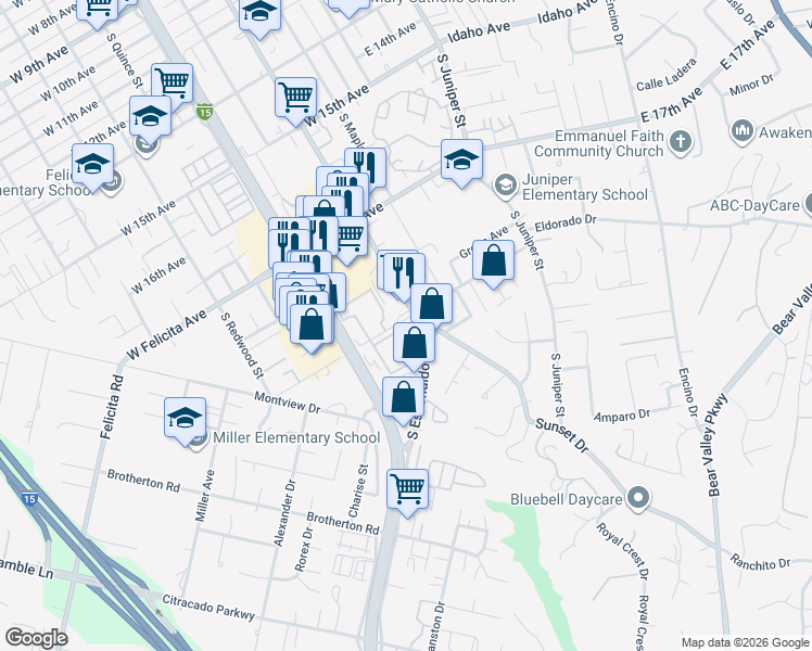 map of restaurants, bars, coffee shops, grocery stores, and more near 1911 Sunset Drive in Escondido