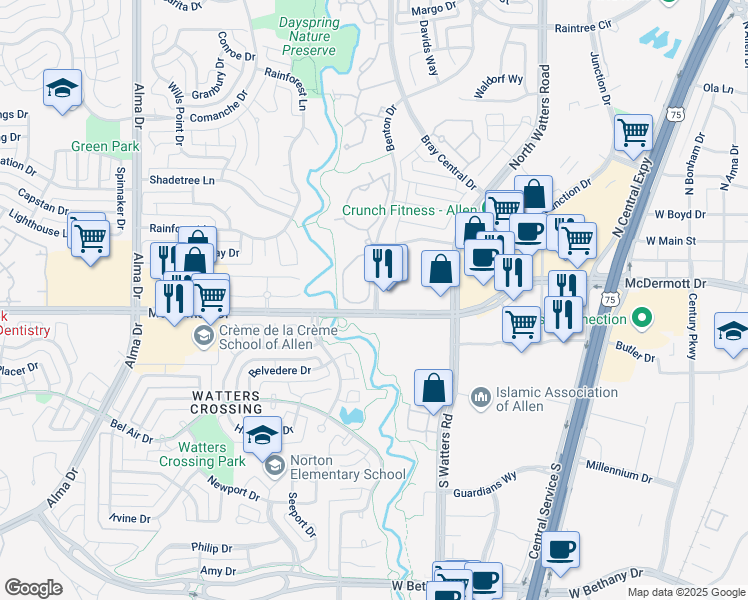 map of restaurants, bars, coffee shops, grocery stores, and more near 133 Benton Drive in Allen