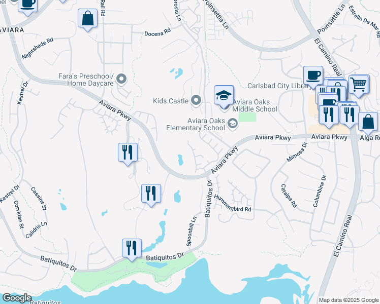 map of restaurants, bars, coffee shops, grocery stores, and more near 6835 Aldophia Drive in Carlsbad