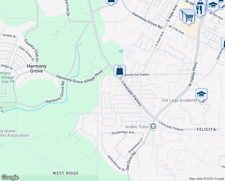 map of restaurants, bars, coffee shops, grocery stores, and more near 1889 Angeles Glen in Escondido