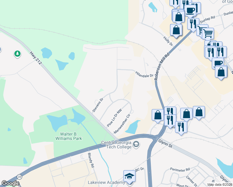 map of restaurants, bars, coffee shops, grocery stores, and more near 147 Meriweather Circle in Milledgeville