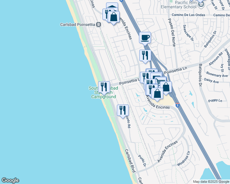 map of restaurants, bars, coffee shops, grocery stores, and more near 7016 Whitewater Street in Carlsbad