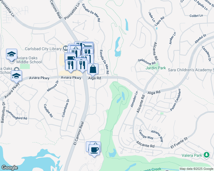 map of restaurants, bars, coffee shops, grocery stores, and more near 7020 Estrella De Mar Road in Carlsbad