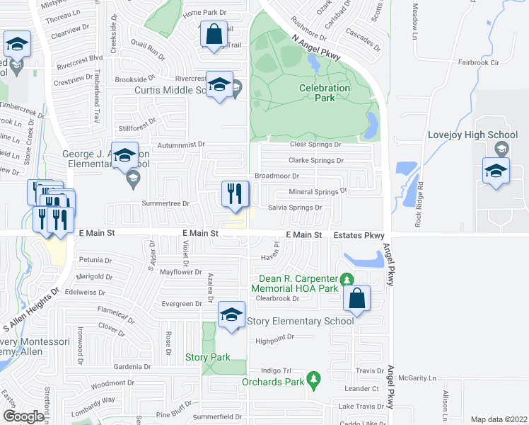 map of restaurants, bars, coffee shops, grocery stores, and more near 1604 Salvia Springs Drive in Allen