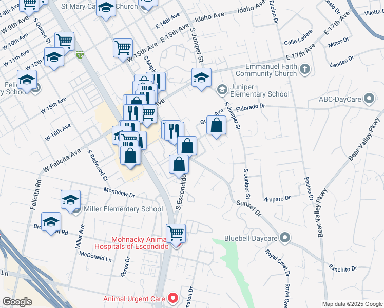map of restaurants, bars, coffee shops, grocery stores, and more near 1892 South Escondido Boulevard in Escondido