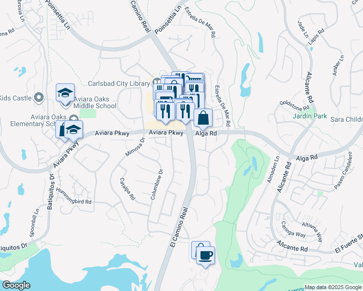 map of restaurants, bars, coffee shops, grocery stores, and more near 7020 Manzanita Street in Carlsbad