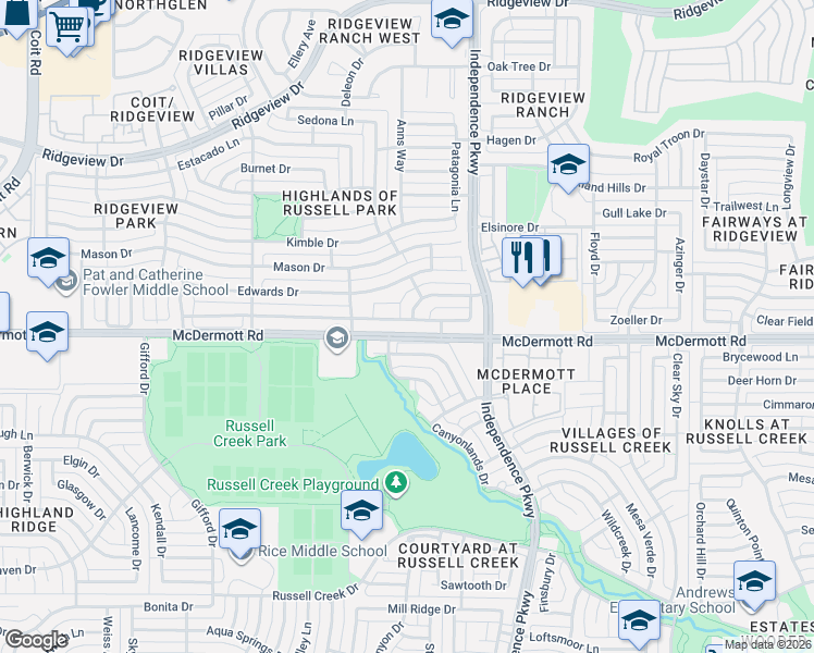 map of restaurants, bars, coffee shops, grocery stores, and more near 9016 Riverchase Drive in Plano
