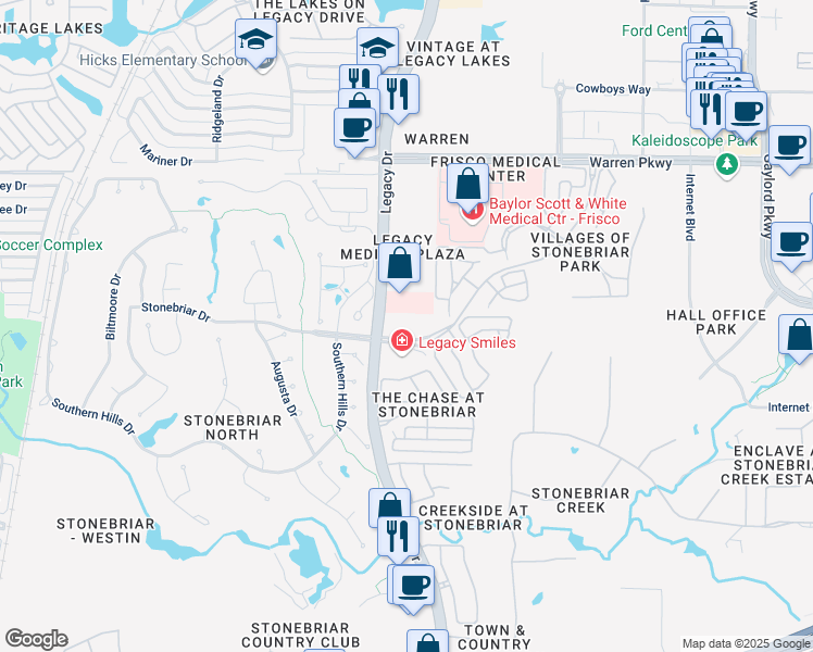 map of restaurants, bars, coffee shops, grocery stores, and more near 2680 South Legacy Drive in Frisco