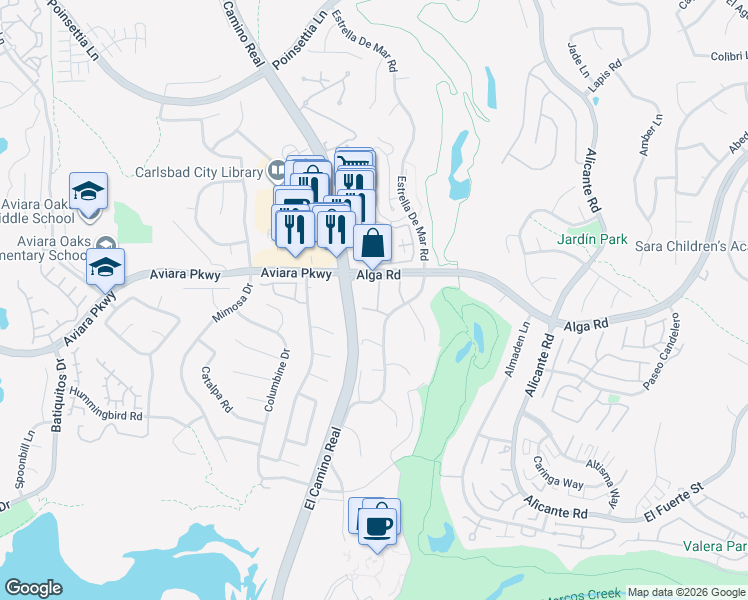 map of restaurants, bars, coffee shops, grocery stores, and more near 1901 Alga Road in Carlsbad