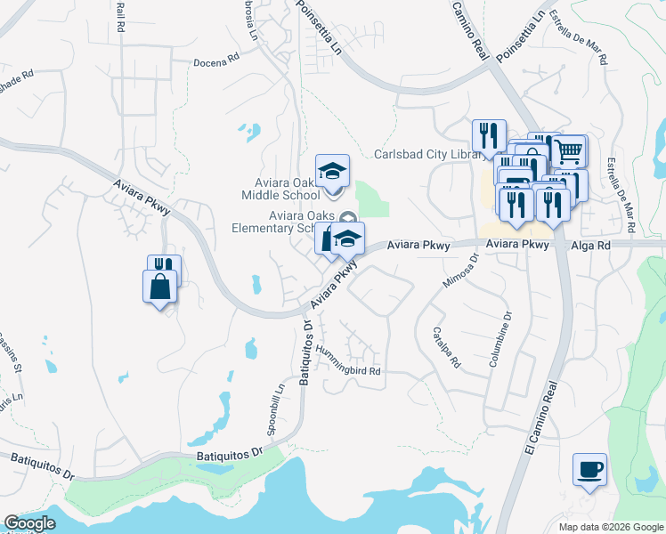 map of restaurants, bars, coffee shops, grocery stores, and more near 1668 Plover Court in Carlsbad