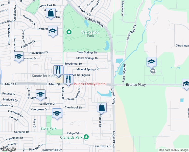 map of restaurants, bars, coffee shops, grocery stores, and more near 1706 Mineral Springs Drive in Allen