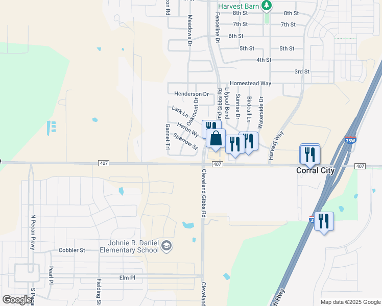 map of restaurants, bars, coffee shops, grocery stores, and more near 1712 Sparrow Street in Northlake