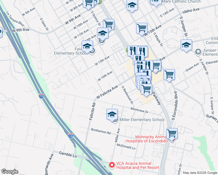 map of restaurants, bars, coffee shops, grocery stores, and more near 768 West Felicita Avenue in Escondido