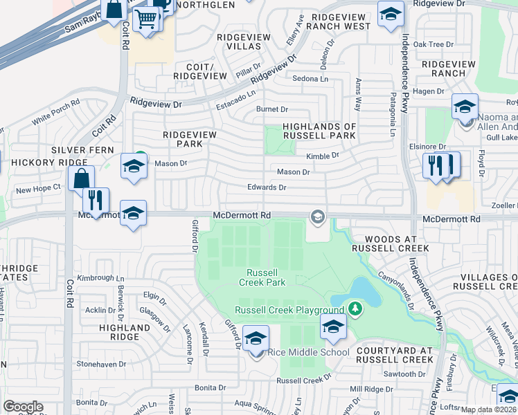 map of restaurants, bars, coffee shops, grocery stores, and more near 3513 San Patricio Drive in Plano