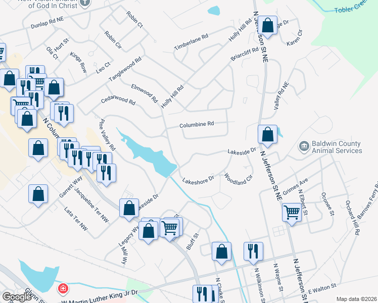 map of restaurants, bars, coffee shops, grocery stores, and more near 1615 Stone Meadow Road in Milledgeville