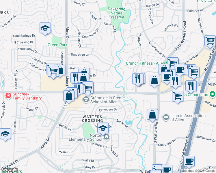 map of restaurants, bars, coffee shops, grocery stores, and more near 1115 Landon Lane in Allen