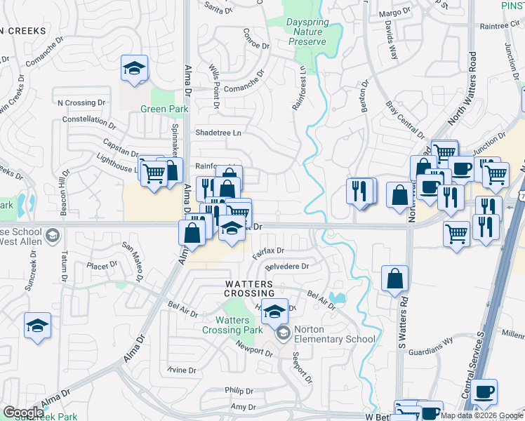 map of restaurants, bars, coffee shops, grocery stores, and more near 1153 Landon Lane in Allen