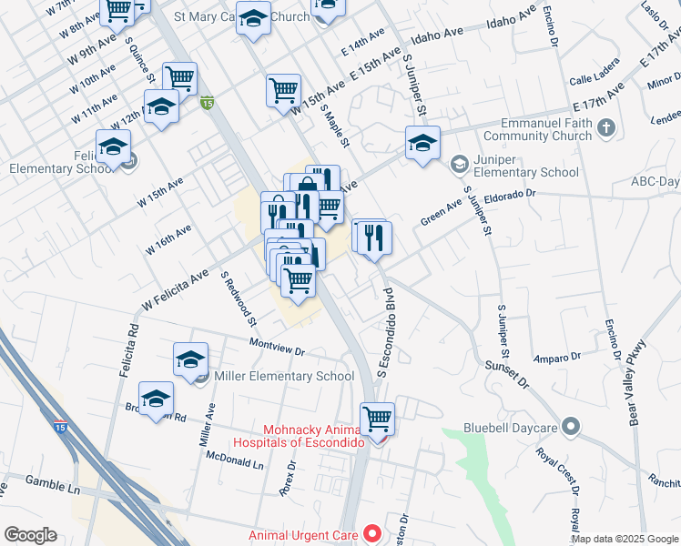 map of restaurants, bars, coffee shops, grocery stores, and more near 401 West Felicita Avenue in Escondido