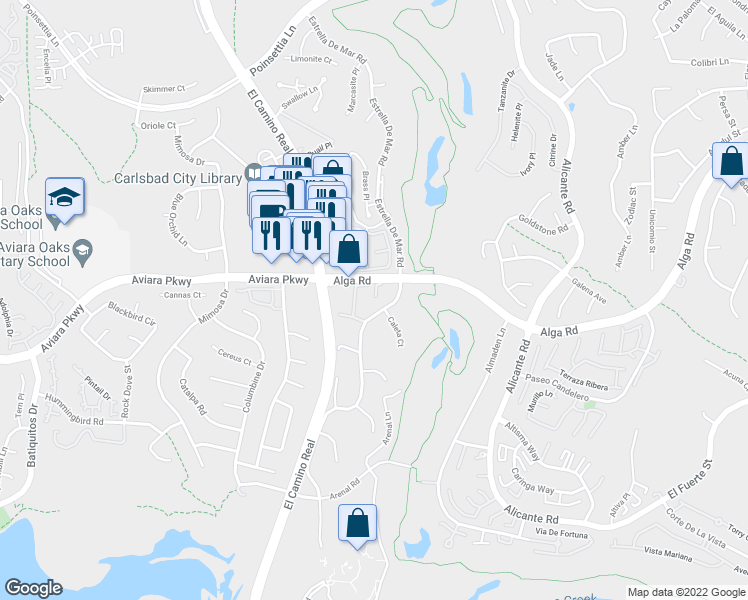 map of restaurants, bars, coffee shops, grocery stores, and more near 7047 Estrella De Mar Road in Carlsbad