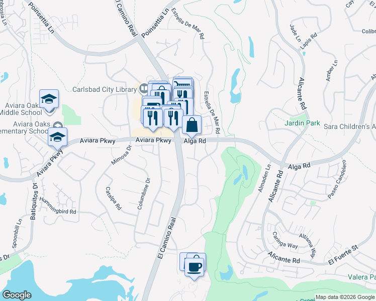 map of restaurants, bars, coffee shops, grocery stores, and more near 1901 Alga Road in Carlsbad