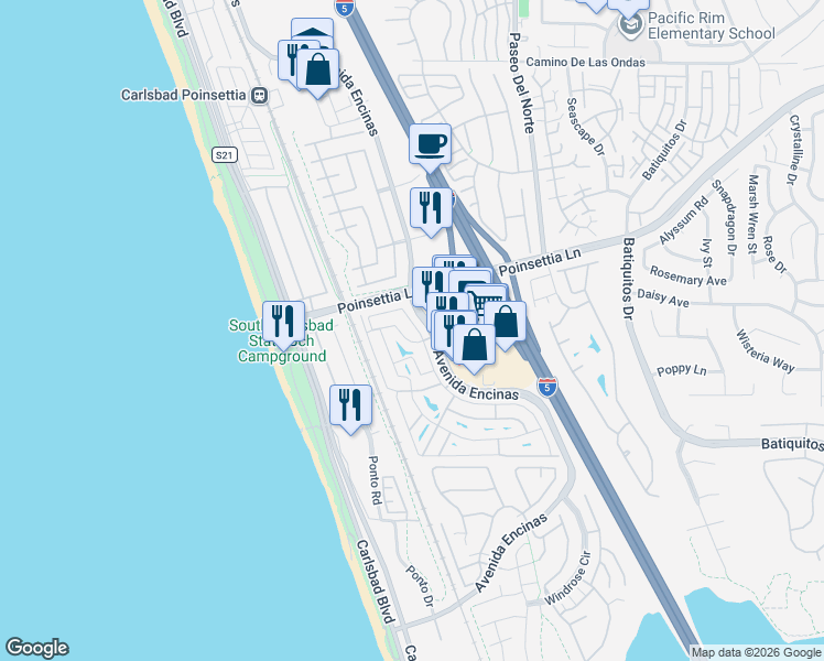 map of restaurants, bars, coffee shops, grocery stores, and more near 7024 Avenida Encinas in Carlsbad