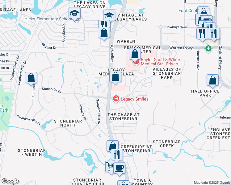 map of restaurants, bars, coffee shops, grocery stores, and more near 2680 Legacy Drive in Frisco