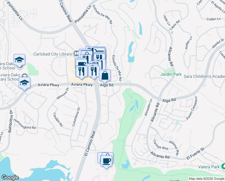 map of restaurants, bars, coffee shops, grocery stores, and more near 7047 Estrella De Mar Road in Carlsbad