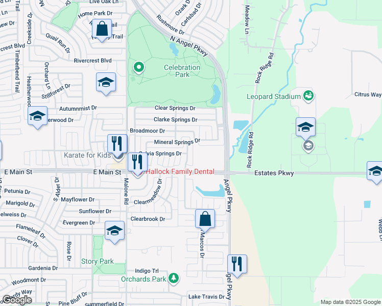 map of restaurants, bars, coffee shops, grocery stores, and more near 1706 Mineral Springs Drive in Allen