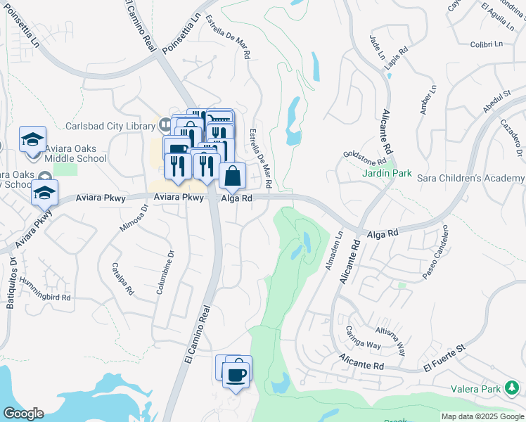 map of restaurants, bars, coffee shops, grocery stores, and more near 7021 Estrella De Mar Road in Carlsbad