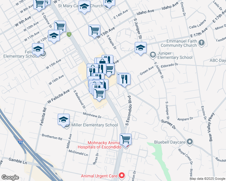 map of restaurants, bars, coffee shops, grocery stores, and more near 450 West Vermont Avenue in Escondido